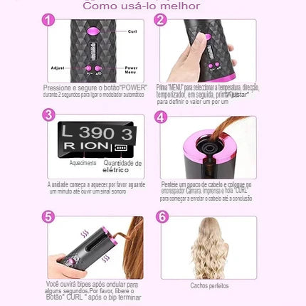 LuxeWave Pro-Modelador de cabelo automático sem fio com bateria recarregável